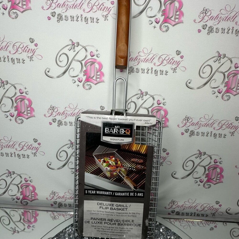 Bar-B-Q Deluxe Grill Basket with Wooden Handle flip basket grilling bbq π - Picture 3 of 3